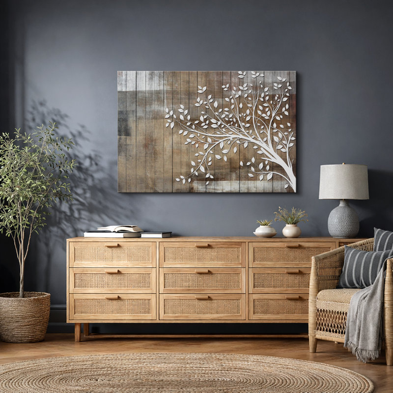 Abstract Tree "White Branch Leaves On Wood Effect Background Artwork, Abstract Neutral Tan Rustic Wall Pictures, Large Framed Canvas Giclee Print Wall Art"