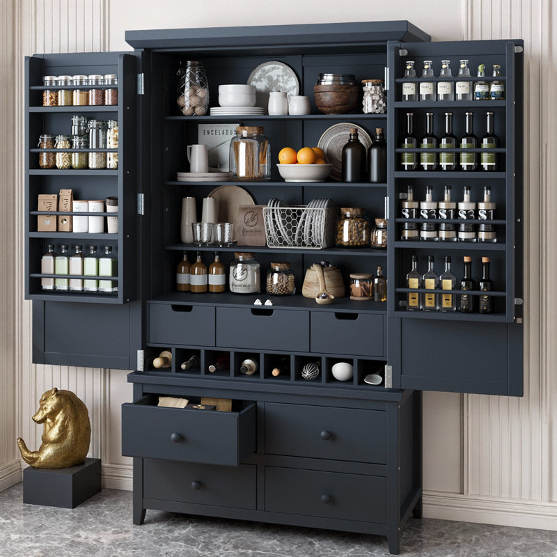 Grand garde-manger autoportant de 41,3 po avec 8 supports à vin | Armoire de rangement en bois avec 8 tablettes de porte, 3 tablettes réglables et 7 tiroirs pour la cuisine et la salle à manger