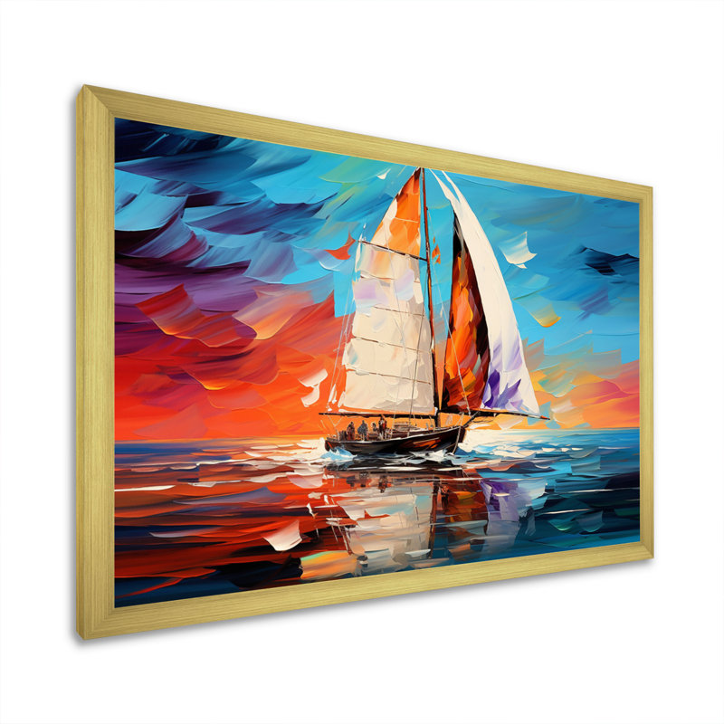 Voilier abstrait maritime I, Cadre doré simple, H 34 po x l 44 po x P 1,5 po