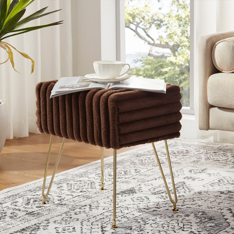 Modern Striped Faux Fur Vanity Stool with Metal Legs, Makeup Ottoman & Footrest for Bedroom, Dark Brown