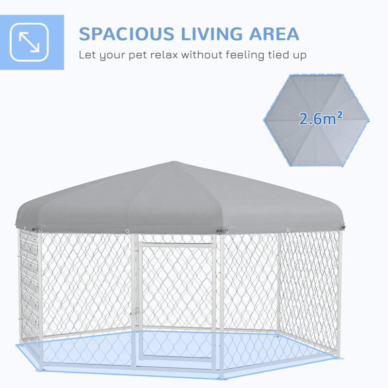 Chenil d'extérieur Dog Run - 6,9 pi x 6,1 pi 4,9 pi, toit protégé, porte verrouillable, convient aux grands chiens, argent moyen / imperméable