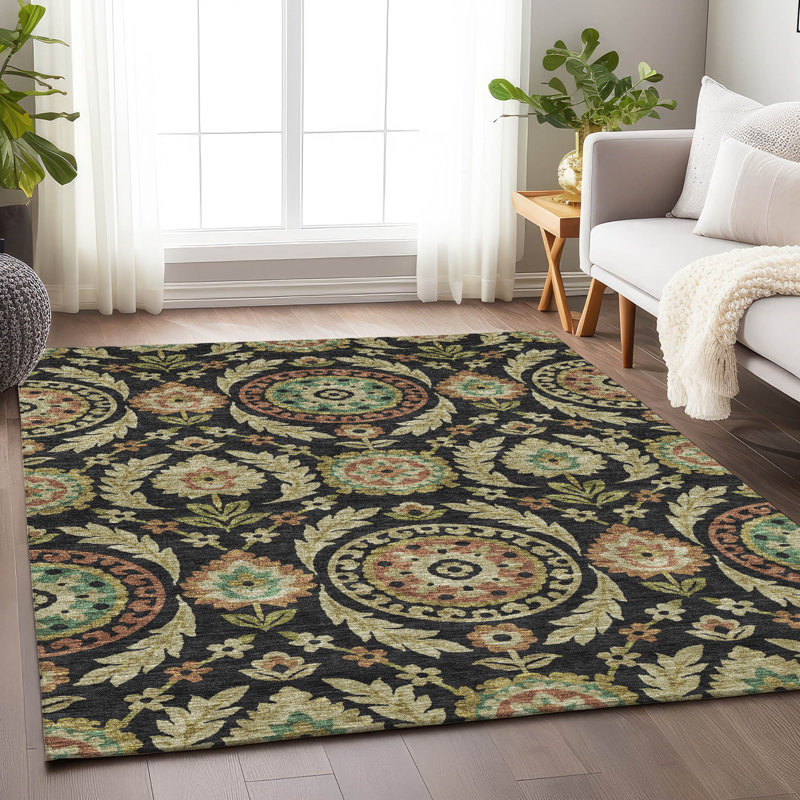 Premium Machine Washable Prisco Black Rug, Rectangle 2'6" x 3'10"