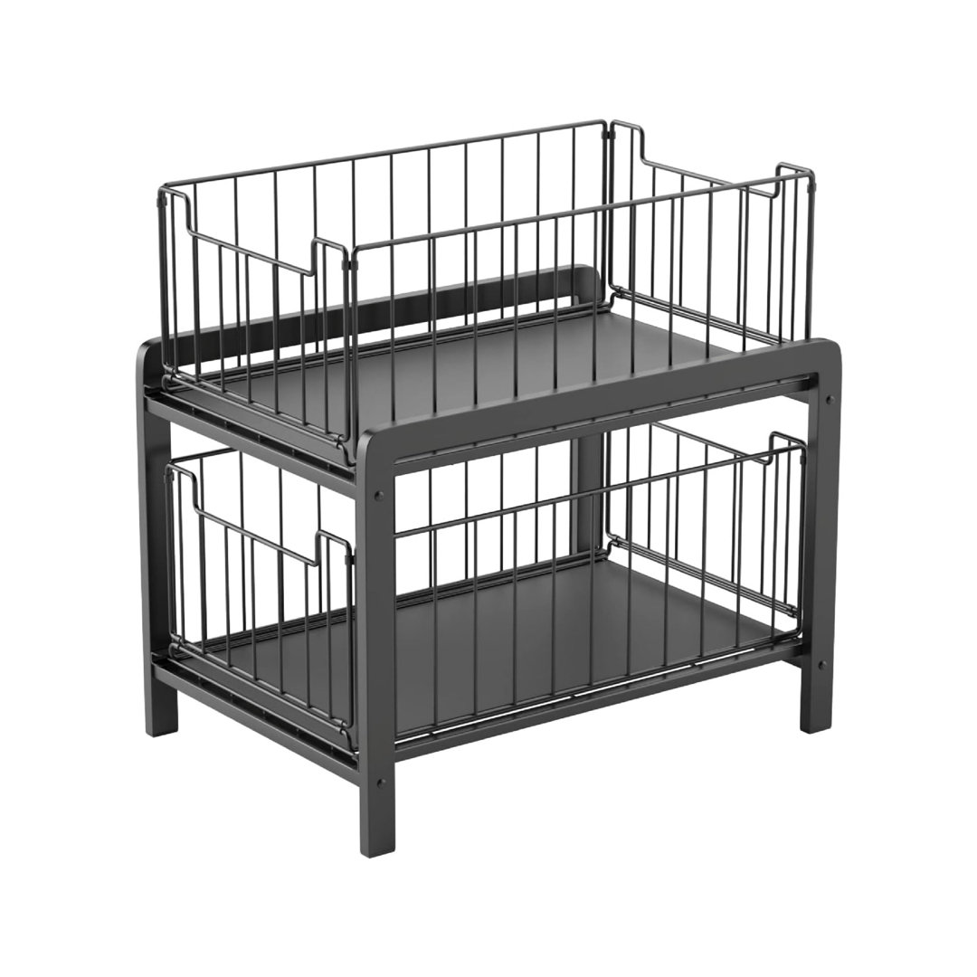 Under Sink Storage 2 Tier Sliding Cabinet Basket Pull Out Organizer Drawer, Black