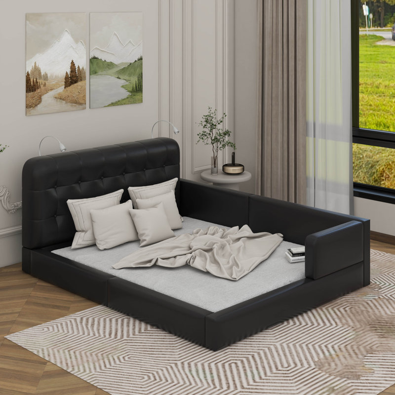 Grand lit plateforme tapissier avec lumières de lecture, Noir