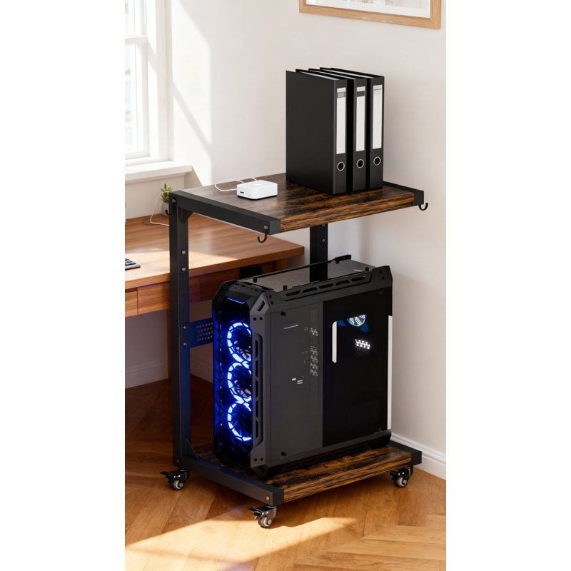 Tour d'ordinateur à 2 niveaux avec roulettes verrouillables, chariot à hauteur réglable pour un rangement sous le bureau, tablette mobile pour le bureau à domicile et les jeux