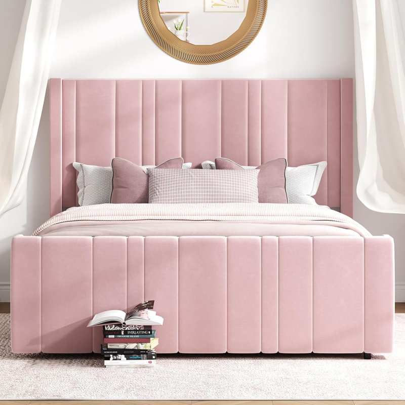 Upholstered Bed with Vertical Channel Tufted Headboard & 22" Footboard, Full, Pink