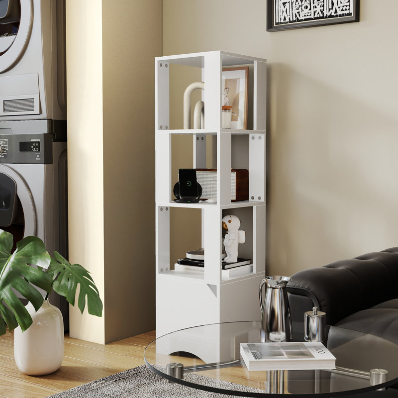 Tall Narrow Storage Tower with Enclosed Bottom Cabinet, Modern Vertical Bookshelf Open Display Rack, Space Saving Organizer Unit for Living Room Bathroom Adult Home Décor