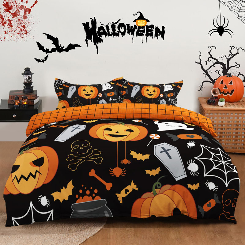 Literie trois pièces en microfibre douce, motif citrouille d'Halloween, avec taies d'oreiller, fermeture éclair invisible, noir et orange.