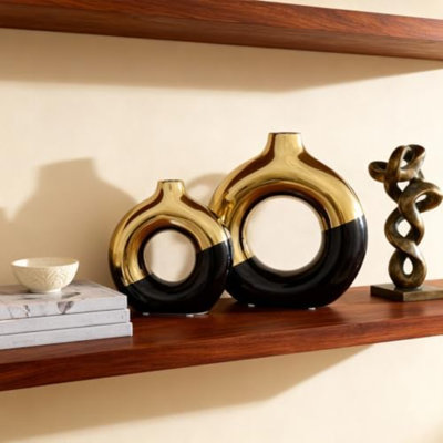 Black And Gold Vase Decor Donut Vase Set Of 2 - Circle Hollow Vases, Modern Matte Ceramic Vases For Entryway Living Room Bedroom Dining Table Centerpiece Office Home Décor