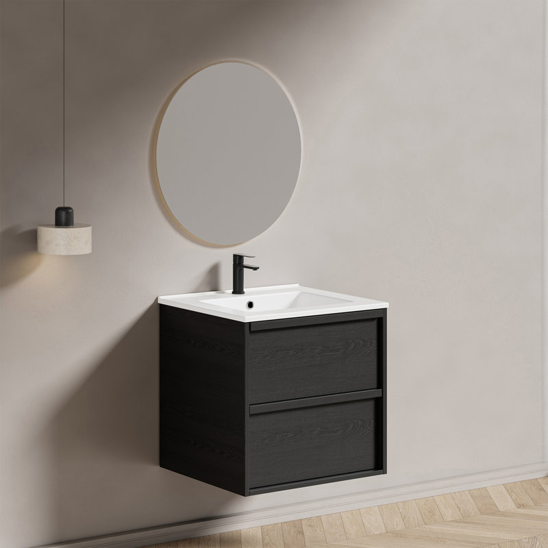 Meuble-lavabo de salle de bain 24 po avec lavabo en céramique - Meuble-lavabo mural flottant mural avec tiroirs, noir, moderne