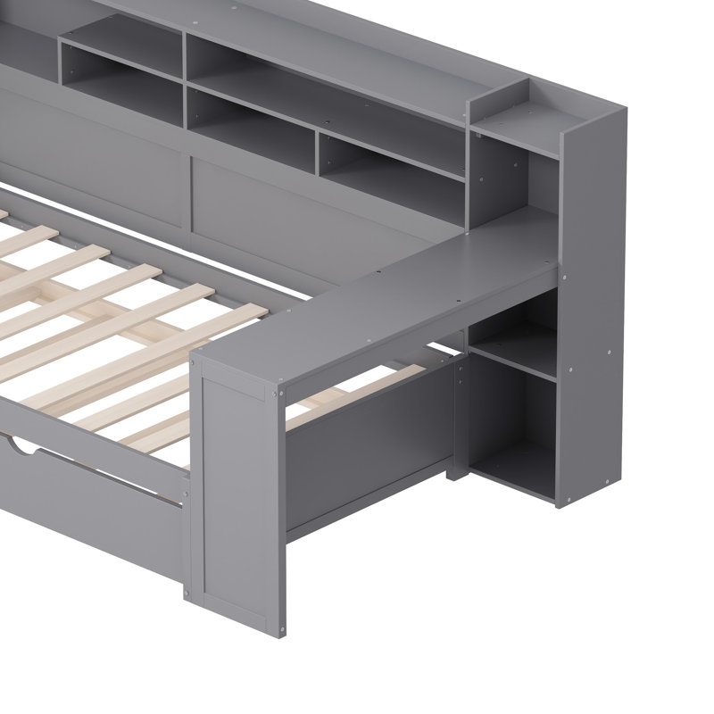 Lit gris multi-fonctionnel avec bureau d'étude, lit gigogne et rangement compact, bureau pour chambre à coucher, Lit simple