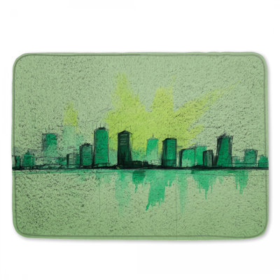 Green Cityscape Illustration Bath Mat