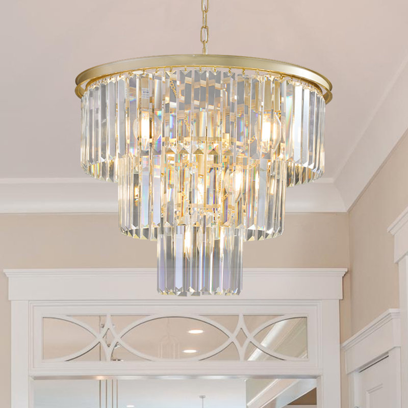 Lustre moderne à 3 niveaux en cristal K9, 20 pouces, 7 lumières, orné de cristaux dorés., Doré, 3-Tier/7 Lights