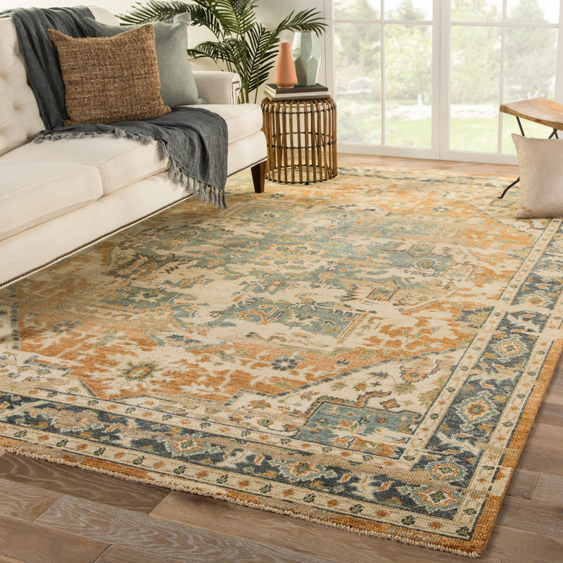 Tapis orange / bleu noué à la main Cortni, Rectangle 7 pi 9 po x 9 pi 9 po