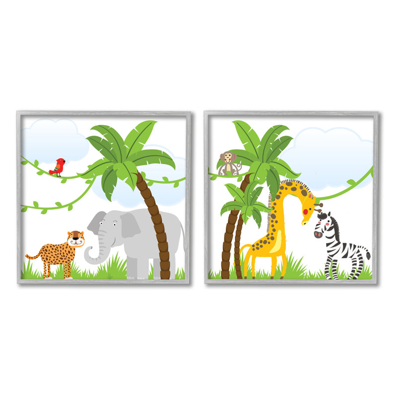 Reproduction de la scène des animaux de la jungle, encadrée sur bois, 2 pièces par Kim Allen, Estampe numérique Farmhouse
