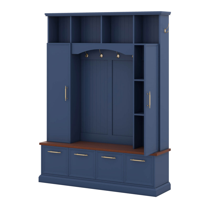 Farmhouse Hall Tree With Golden Hooks & Bench, Adjustable Shelves