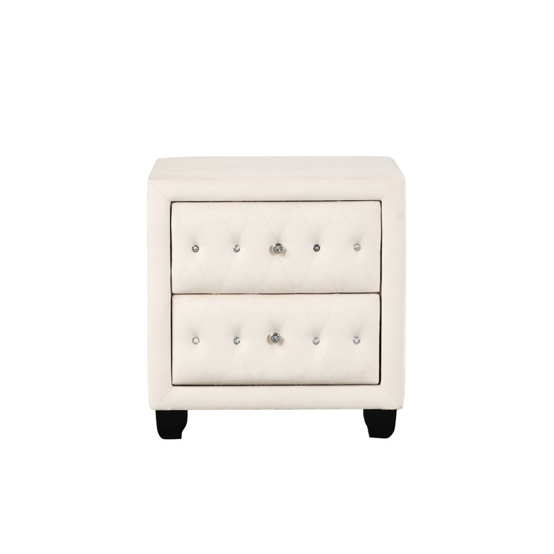 2 tables de chevet avec housse en velours crème et motifs touffetés en cristal charmants, Crème