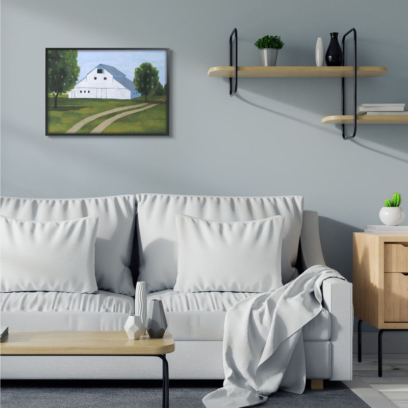 «Farmland Fields and Barn» par Grace Popp - reproduction d'art, H 30 po x l 24 po, Giclée encadrée noir minuit