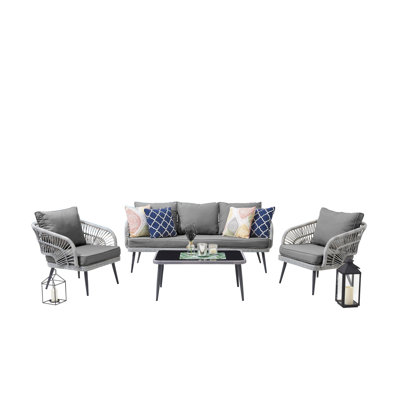 Ensemble de conversation moderne pour 5 personnes avec coussins en polyester et table basse de couleur grise Riviera Modern