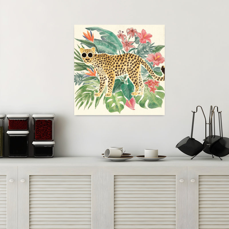 Jaguar, art abstrait, fougère, hibiscus, fleurs tropicales, H 18 po x l 18 po