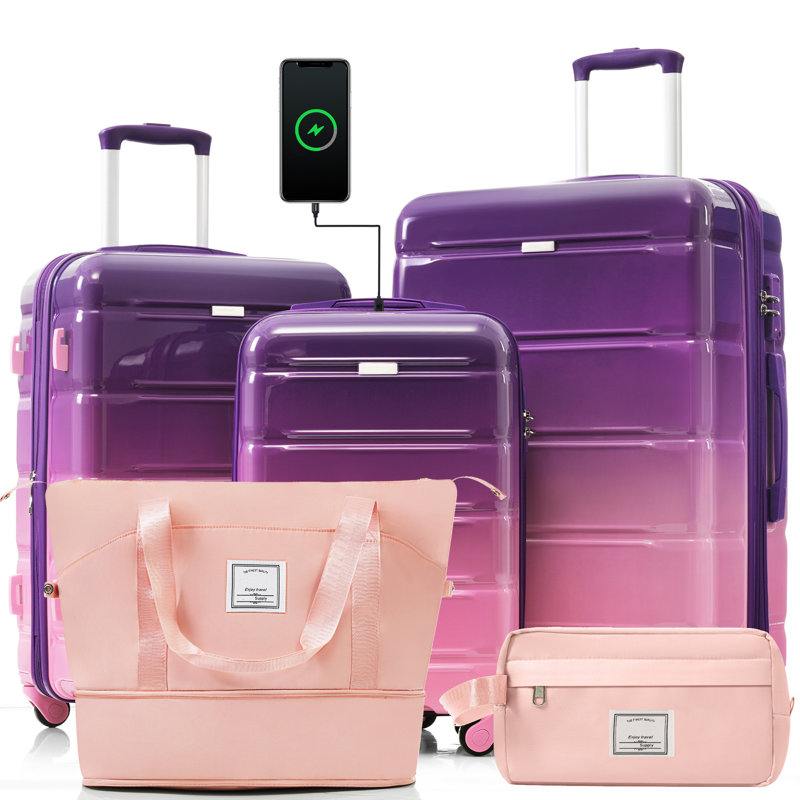 Ensembles de bagages 5 pièces, 20 pouces avec port USB, valise durable en ABS avec sac de voyage, bagage rigide en ABS + PC avec roues pivotantes, mauve et rose