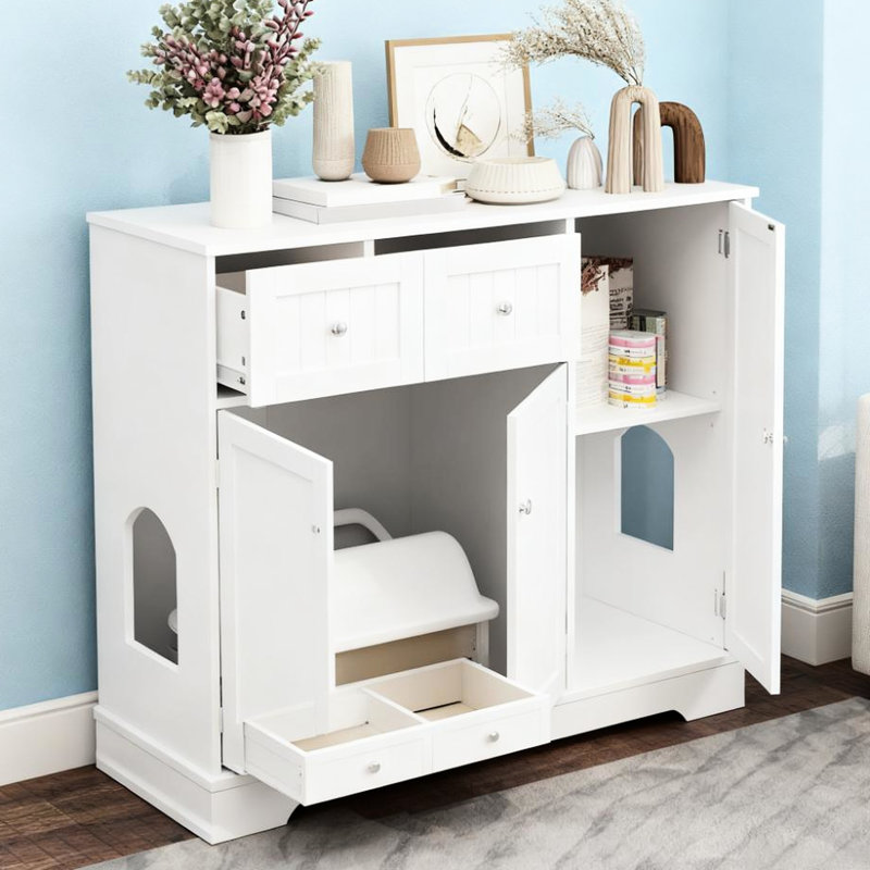 Enceinte de litière blanche haute 31,5 po, double fonction comme table d'appoint et rangement pour accessoires pour animaux de compagnie, espace privé