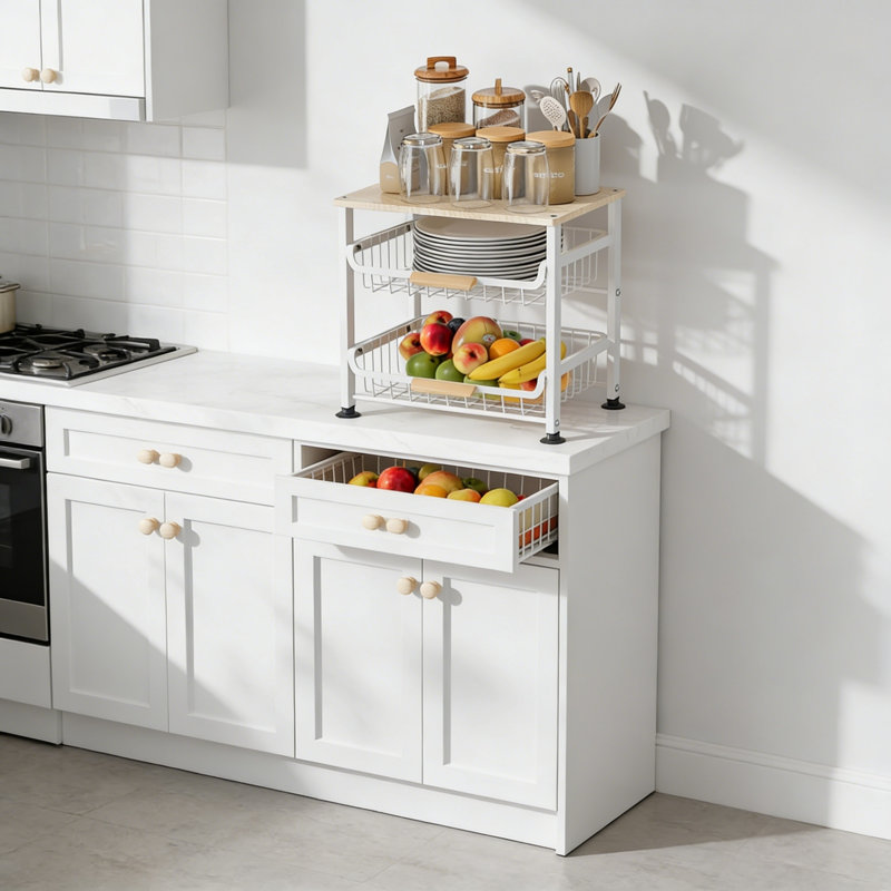 3-Layer Kitchen Fruit Storage Basket, Countertop Snack Rack, Stackable With Pull-Out Metal Basket, Handle, Kitchen Organizer