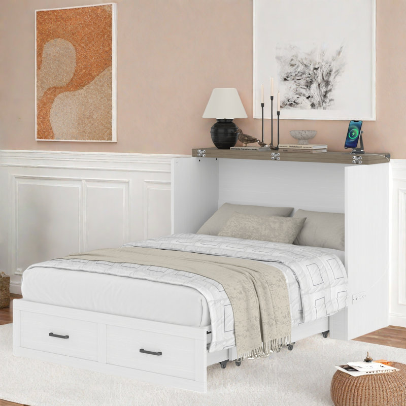Multi-functional Foldable Murphy Bed  With Charging Station And 1 Large Storage Drawer, Full / Double, White/Natural