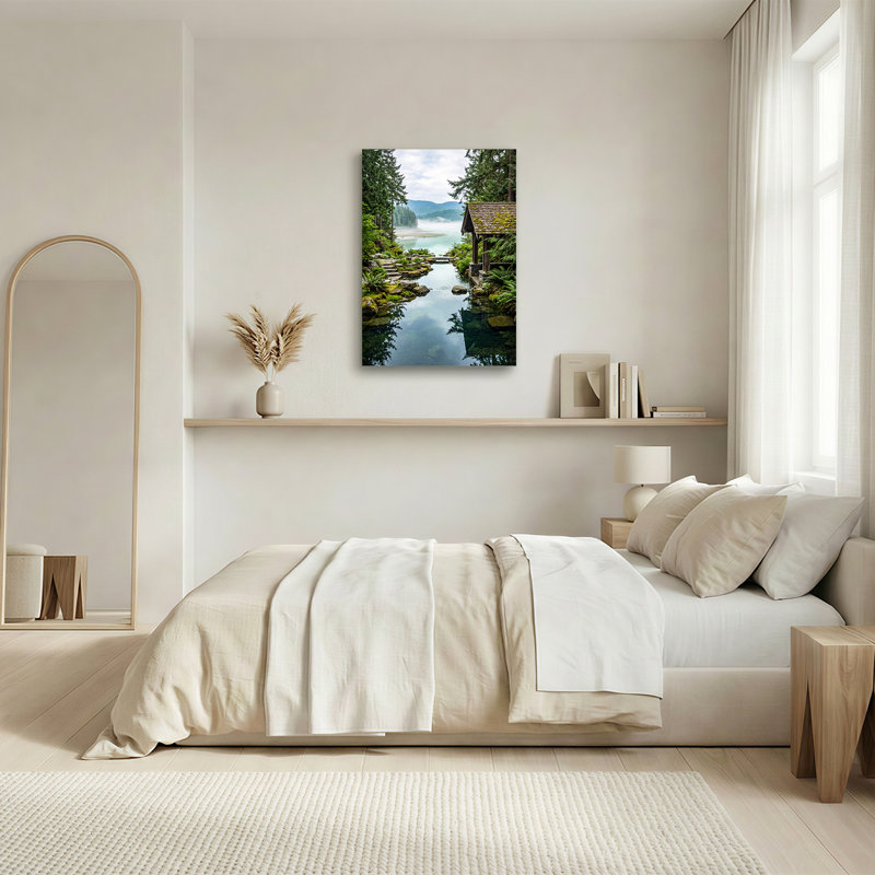 Art mural sur toile Misty Mountains Stream and Wooden Well, 48"H x 36"W