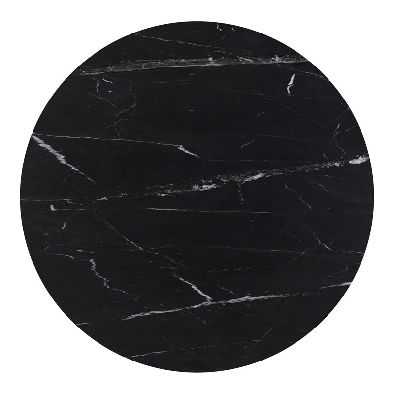 Ione Round Marble Top Metal Base Dining Table, Black Marble/Black