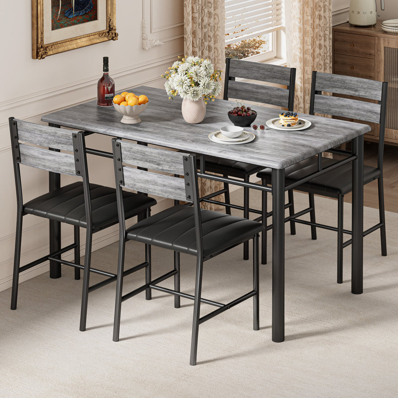 5-Piece Dining Table Set For 4, Kitchen Table With 4 Pu Upholstered Dining Chairs, Grey