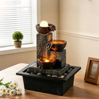 Fontaine de table 3 tasses avec boule rotative décorative intérieure / extérieure zen avec petite lumière DEL chaude