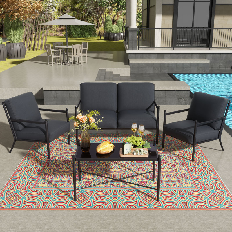 Ensemble de conversation en acier pour 4 personnes avec table en verre, Gris