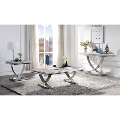Entryway Sofa Table with Faux Marble Top and Silver Finish Pedestal Base for Hallway or Living Room