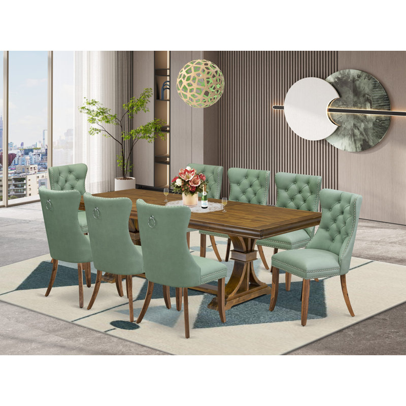 Ensemble de table de salle à manger 9 pièces moderne comprenant une table de cuisine et 8 chaises de salle à manger en tissu de polyester vert saule avec dossier capitonné - Finition noyer antique