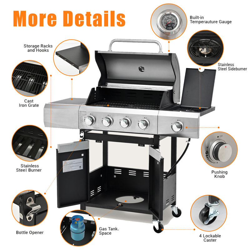 Barbecue au propane à 4 brûleurs avec brûleur latéral et couvercle, barbecue en acier inoxydable pour l'extérieur