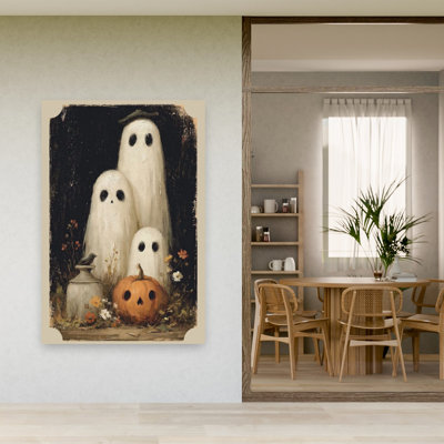 Affiche murale fantaisiste représentant une famille de fantômes rustique et vintage avec des oiseaux et des fleurs d'automne