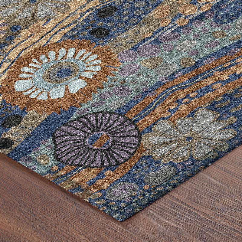 Machine Washable Indoor/Outdoor Chantille ACN2498 Floral Rug, 1'8" x 2'6", Navy