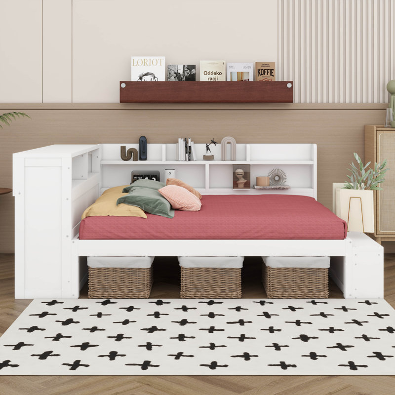 Full Size Daybed With Storage Cabinets And Shoe Cabinet, Wood Corner Bed With USB Ports, White