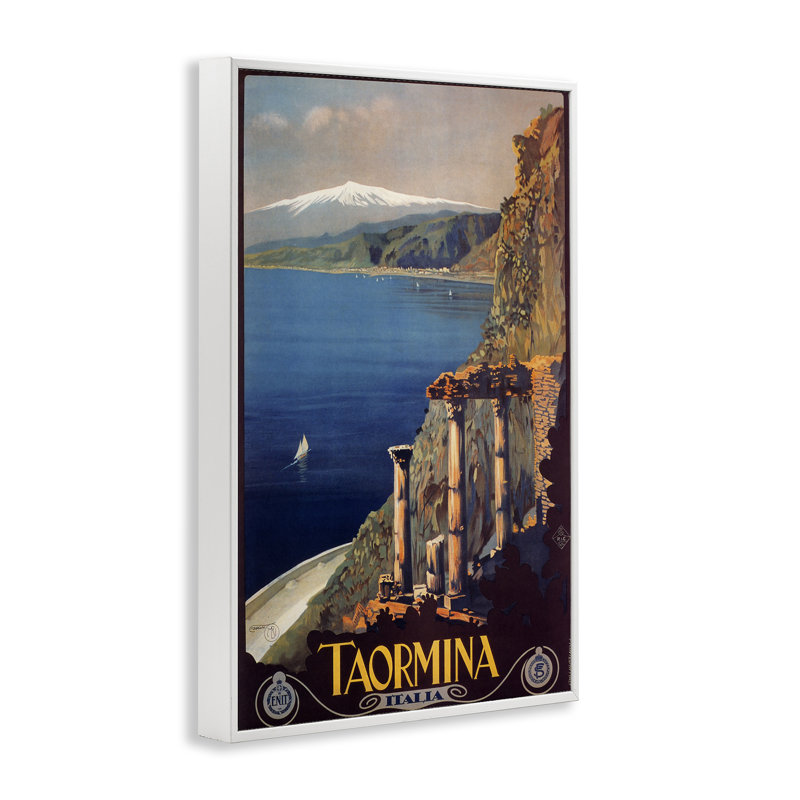 Affiche de voyage Tormina, Italie, giclée par Marcus Jules, H 30 po x l 20 po, Estampe numérique encadrée blanc bord de mer