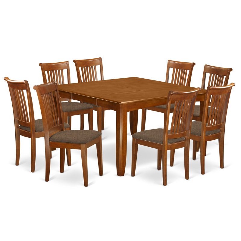 Ensemble de table de salle à manger 9 pièces comprenant une table de salle à manger carrée avec rallonge papillon et 8 chaises en lin, brun selle