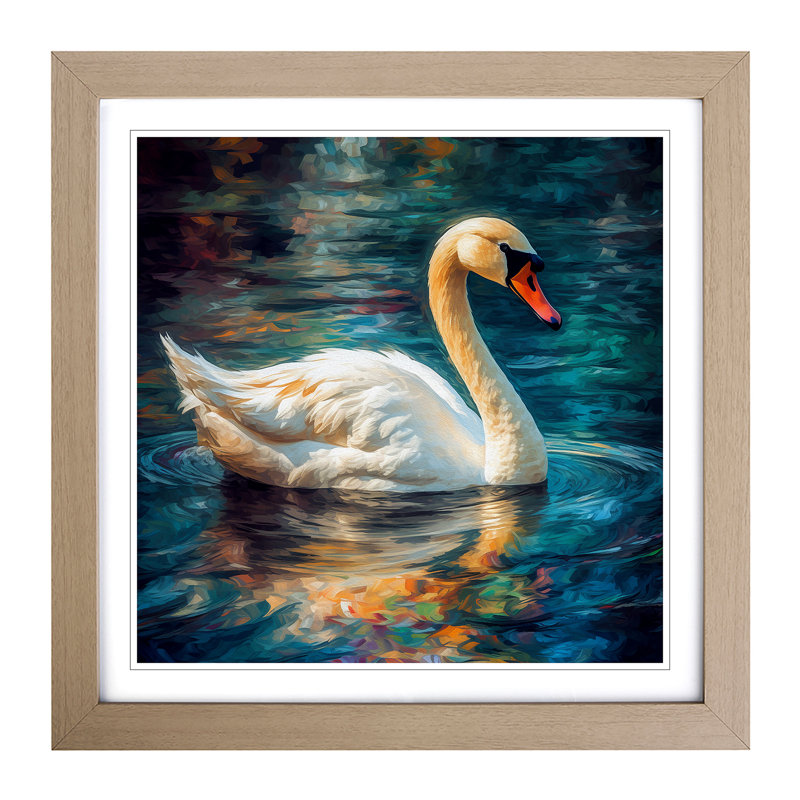 Swan Neo-Impressionism - Single Picture Frame Print on Wood, Oak