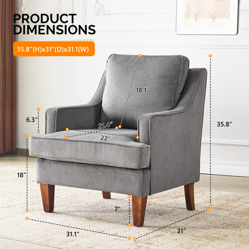 Chaise d'appoint de style Mid-Century moderne en bois massif avec coussin en T de 29 po de largeur , Velours gris velours