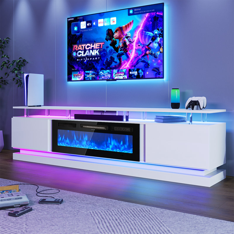 TV Stand Fireplace, 61.5 cm H x 203.2 cm W x 35.1 cm D, White/Black