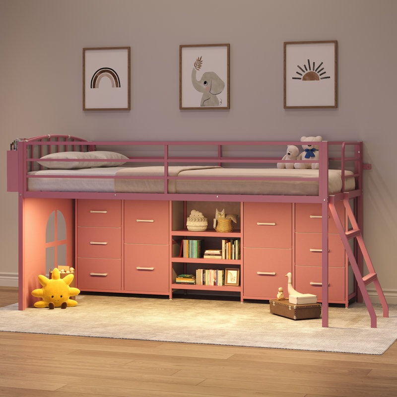 Lit mezzanine simple pour enfant avec éclairage à DEL, 10 tiroirs et 3 tablettes ouvertes pour enfants, Rose