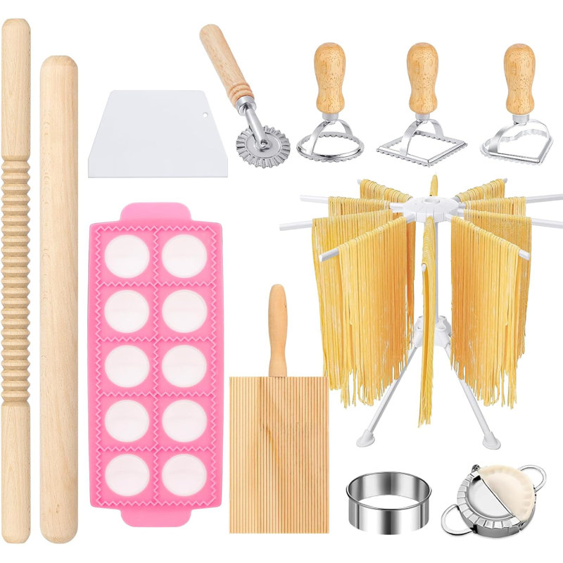 L'ensemble de 12 machines à pâtes PCS comprend 1 séchoir à pâtes, 1 planche à gnocchis, 1 grattoir à pâte, 4 couteaux à raviolis, 2 outils à boulette, 1 coupe-nouilles, 1 rouleau à pâtisserie, 1 tampon à pâtes pour les pâtes faites maison