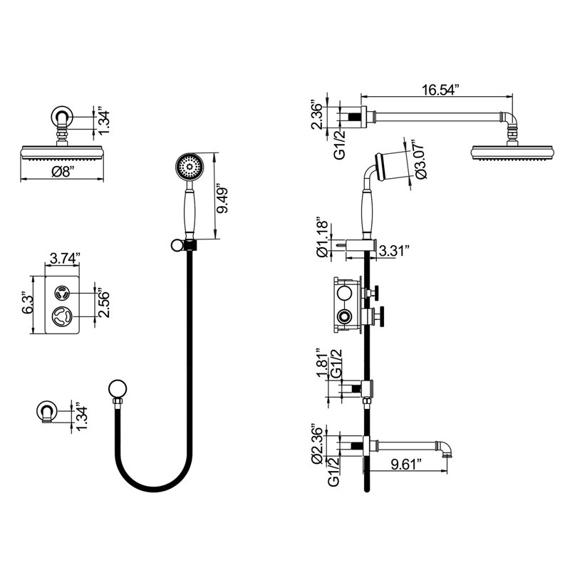 Ensemble de robinets de douche 8 "avec système de douche à pluie complet dans le mur avec robinet de baignoire, ensembles de robinets de douche en laiton avec valve brute