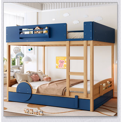 Lit superposé avec lit gigogne, structure en bois avec bibliothèque intégrée et garde-corps haute sécurité, conception automobile pour les enfants