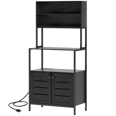 Baker's Rack with Power Outlet, Kitchen Storage Shelf with Cabinet & Adjustable Foot Pads, Anti-Tipping Design, Black