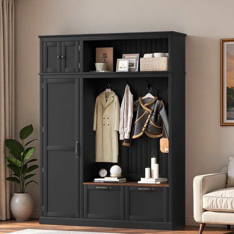 3-in-1 Hall Tree With Top Storage Cabinet, Open Storage, 3 Adjustable Side Shelves, 4 Heavy-duty Hooks, 2 Spacious Drawers And Seat Bench